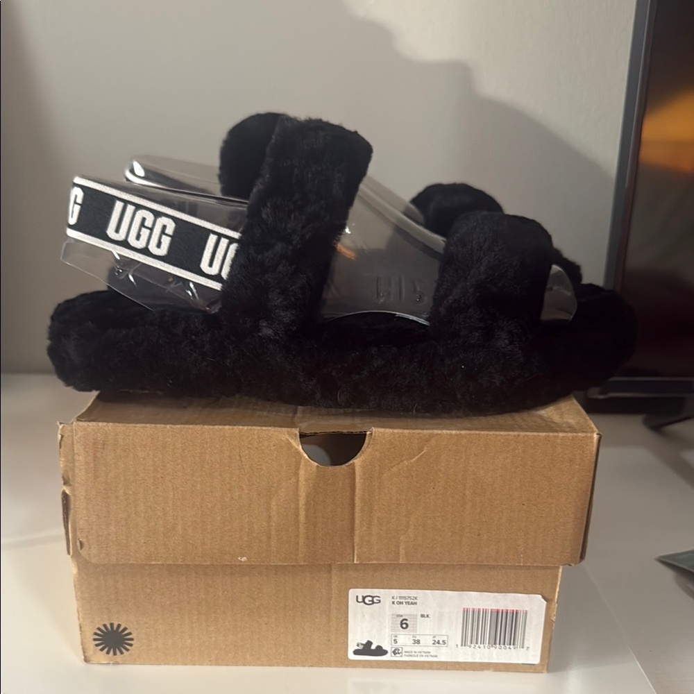 UGG Black Fluffy Slide Sandals